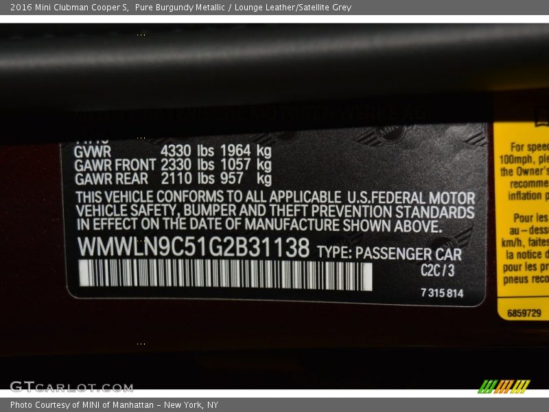 Pure Burgundy Metallic / Lounge Leather/Satellite Grey 2016 Mini Clubman Cooper S