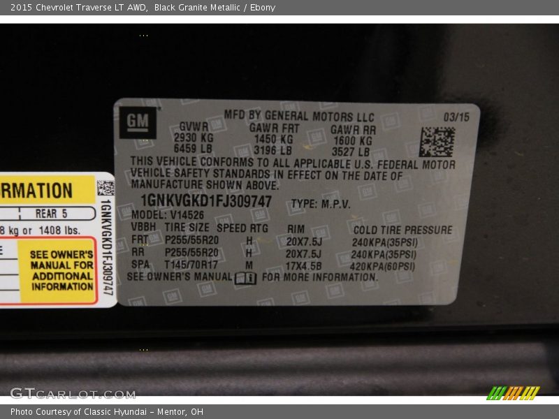Black Granite Metallic / Ebony 2015 Chevrolet Traverse LT AWD