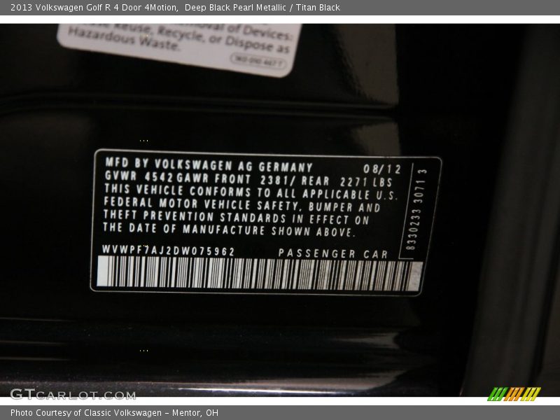 Deep Black Pearl Metallic / Titan Black 2013 Volkswagen Golf R 4 Door 4Motion