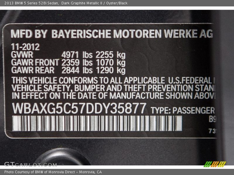 Dark Graphite Metallic II / Oyster/Black 2013 BMW 5 Series 528i Sedan