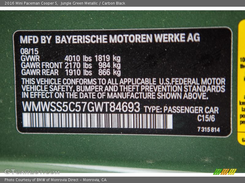 2016 Paceman Cooper S Jungle Green Metallic Color Code C15