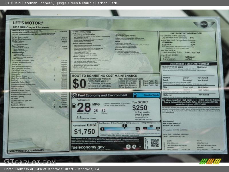  2016 Paceman Cooper S Window Sticker