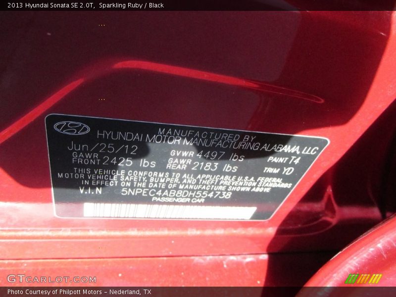 Sparkling Ruby / Black 2013 Hyundai Sonata SE 2.0T