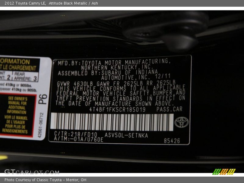 Attitude Black Metallic / Ash 2012 Toyota Camry LE