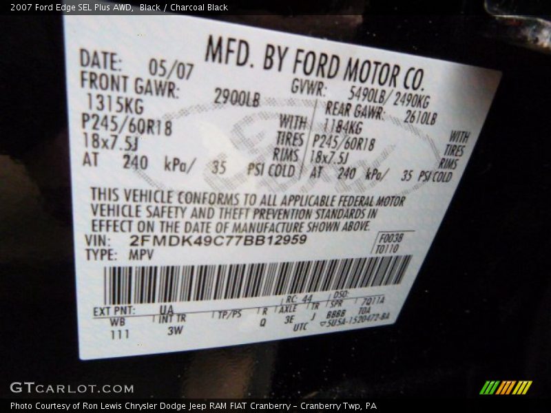 Black / Charcoal Black 2007 Ford Edge SEL Plus AWD