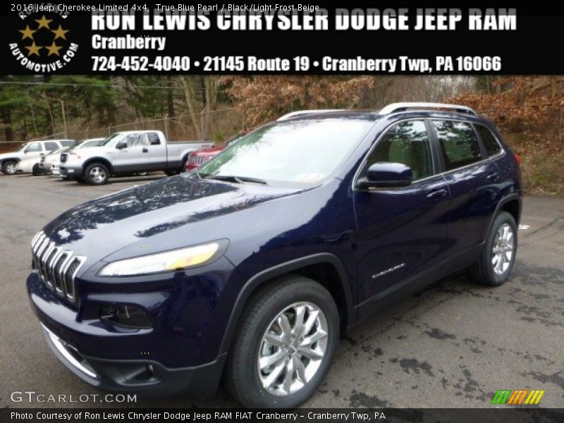 True Blue Pearl / Black/Light Frost Beige 2016 Jeep Cherokee Limited 4x4