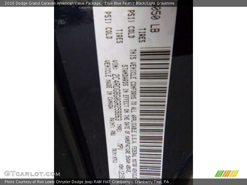 True Blue Pearl / Black/Light Graystone 2016 Dodge Grand Caravan American Value Package