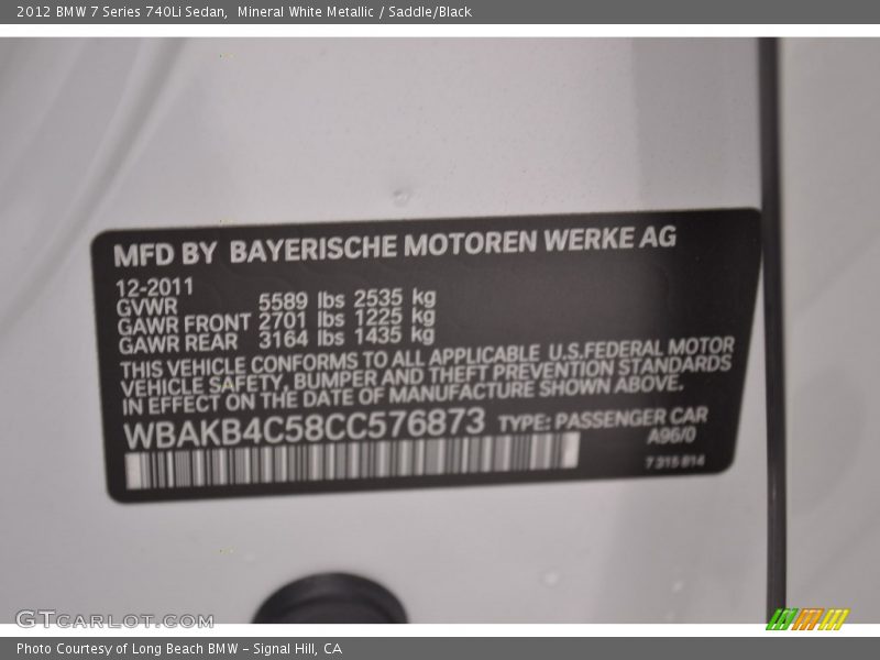Mineral White Metallic / Saddle/Black 2012 BMW 7 Series 740Li Sedan