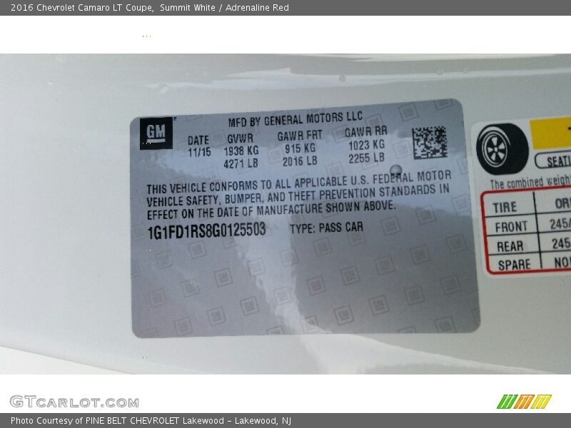 Summit White / Adrenaline Red 2016 Chevrolet Camaro LT Coupe