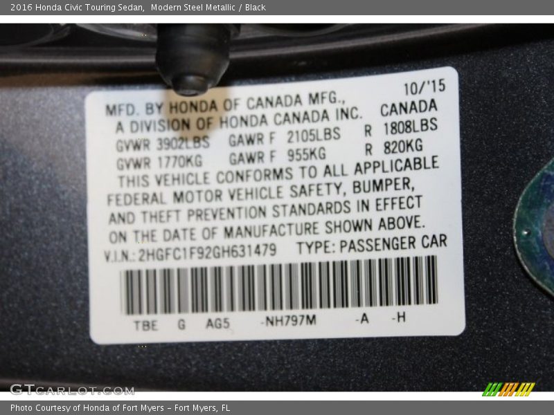 2016 Civic Touring Sedan Modern Steel Metallic Color Code NH797M