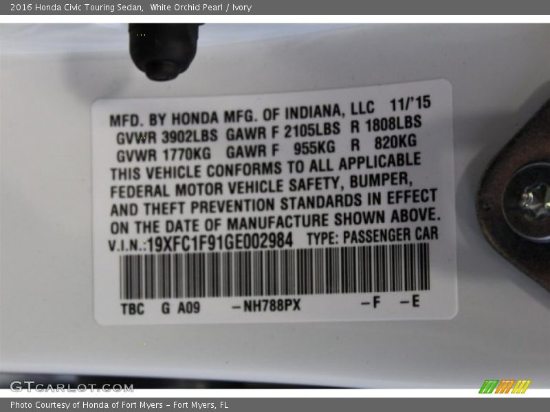 White Orchid Pearl / Ivory 2016 Honda Civic Touring Sedan
