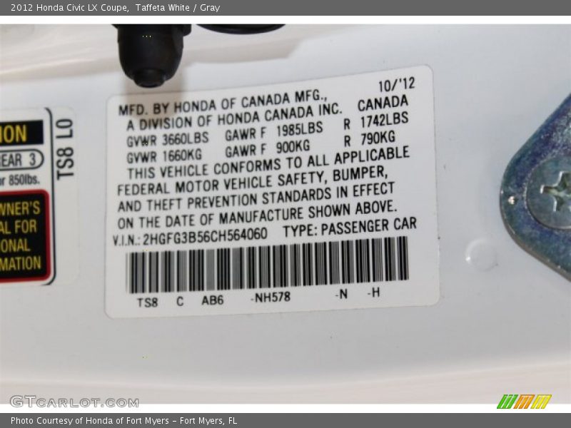 Taffeta White / Gray 2012 Honda Civic LX Coupe