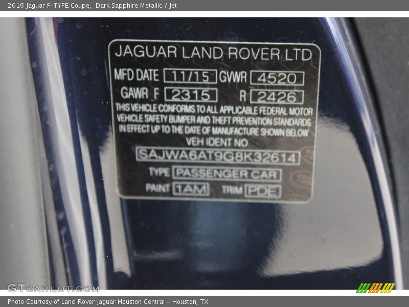 2016 F-TYPE Coupe Dark Sapphire Metallic Color Code 1AM