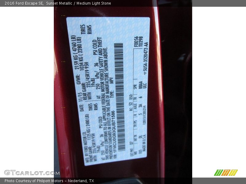 Sunset Metallic / Medium Light Stone 2016 Ford Escape SE