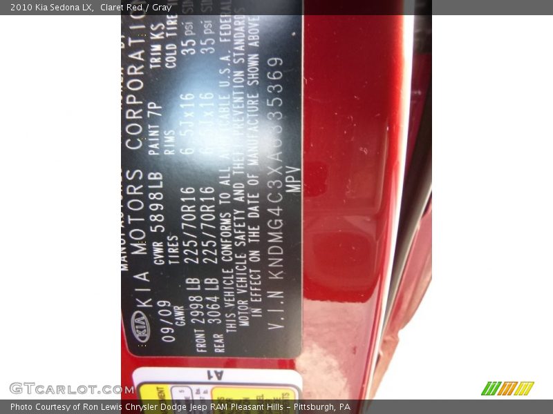 Claret Red / Gray 2010 Kia Sedona LX