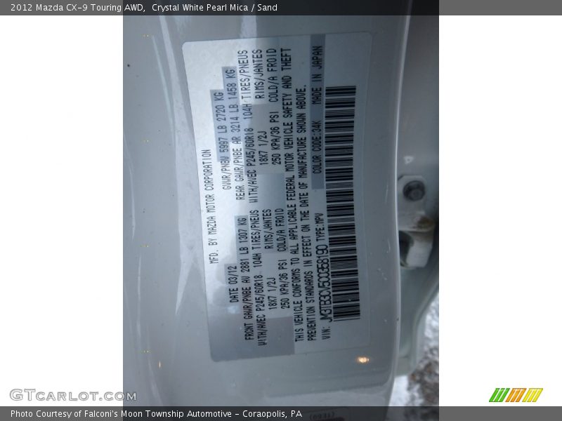 Crystal White Pearl Mica / Sand 2012 Mazda CX-9 Touring AWD