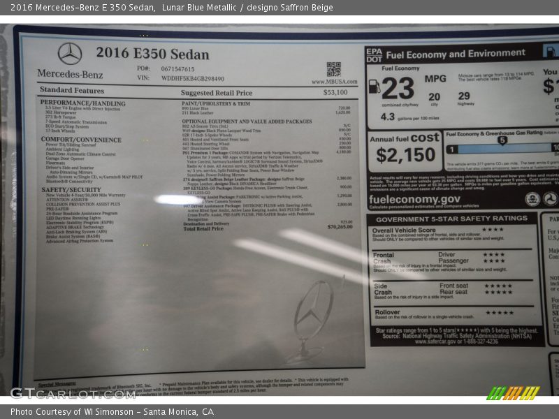  2016 E 350 Sedan Window Sticker