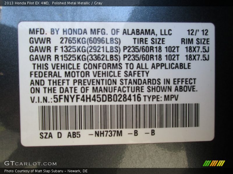 Polished Metal Metallic / Gray 2013 Honda Pilot EX 4WD