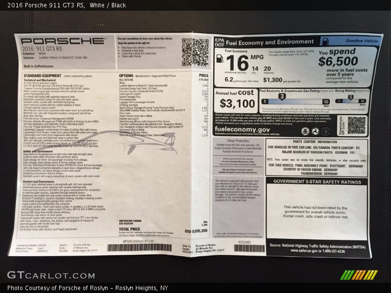  2016 911 GT3 RS Window Sticker