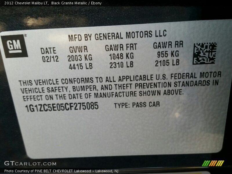 Black Granite Metallic / Ebony 2012 Chevrolet Malibu LT