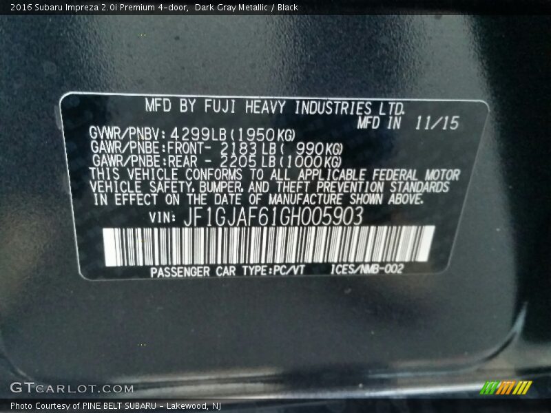 Dark Gray Metallic / Black 2016 Subaru Impreza 2.0i Premium 4-door