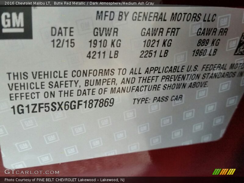 Info Tag of 2016 Malibu LT