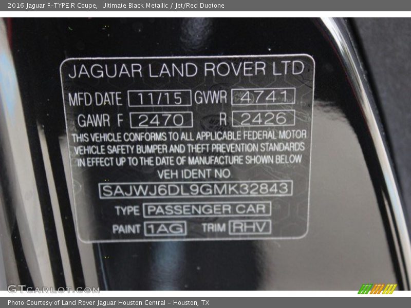 Ultimate Black Metallic / Jet/Red Duotone 2016 Jaguar F-TYPE R Coupe