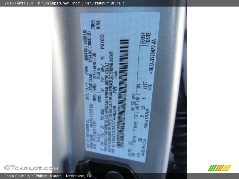 2016 F150 Platinum SuperCrew Ingot Silver Color Code UX