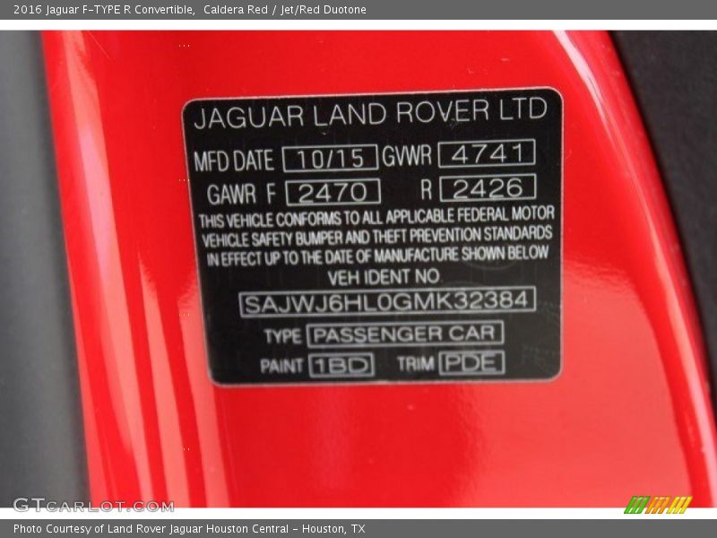 2016 F-TYPE R Convertible Caldera Red Color Code 1BD