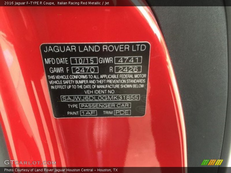 2016 F-TYPE R Coupe Italian Racing Red Metallic Color Code 1AF