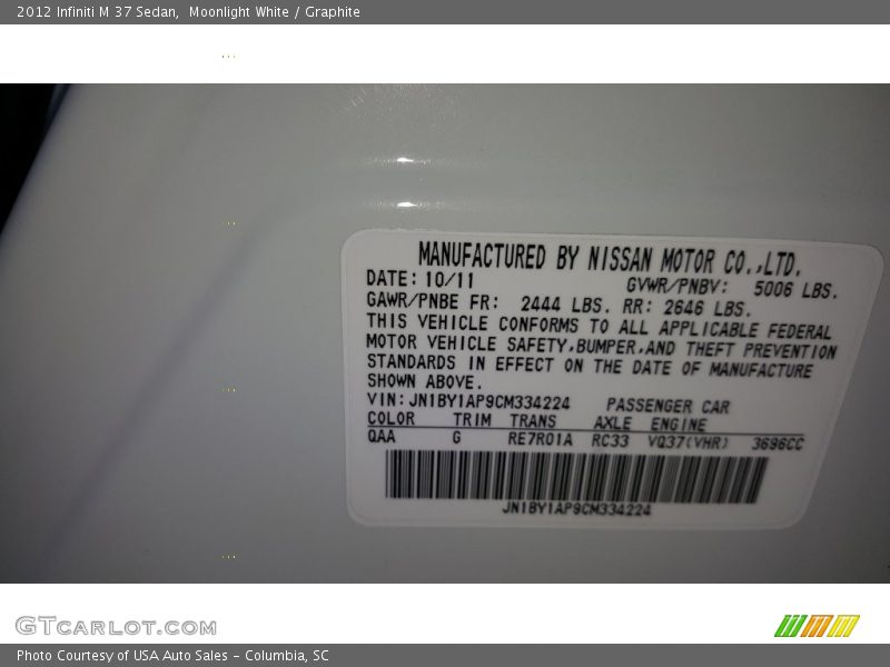 Moonlight White / Graphite 2012 Infiniti M 37 Sedan