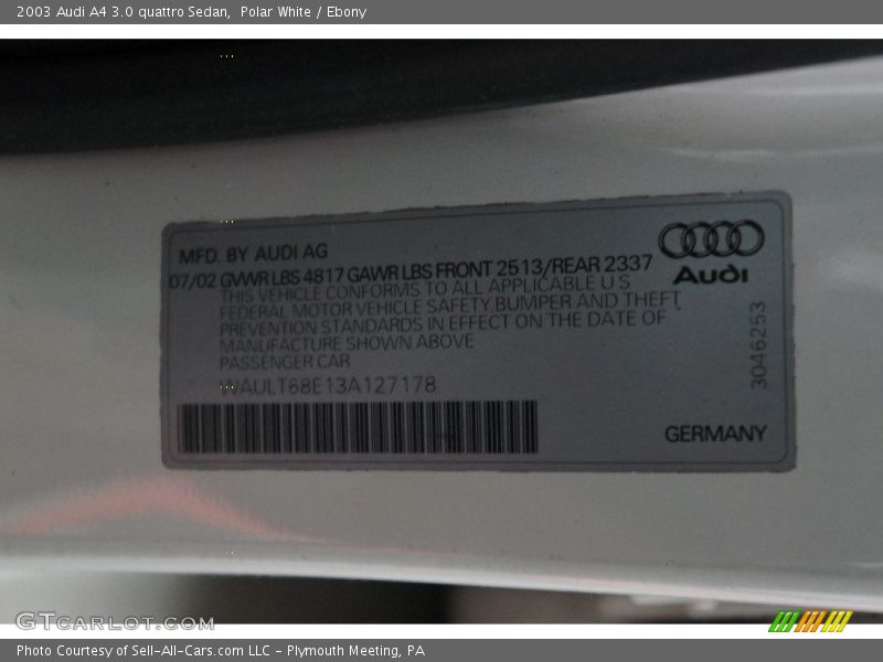 Polar White / Ebony 2003 Audi A4 3.0 quattro Sedan