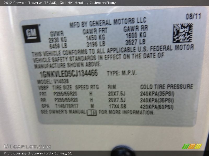 Gold Mist Metallic / Cashmere/Ebony 2012 Chevrolet Traverse LTZ AWD