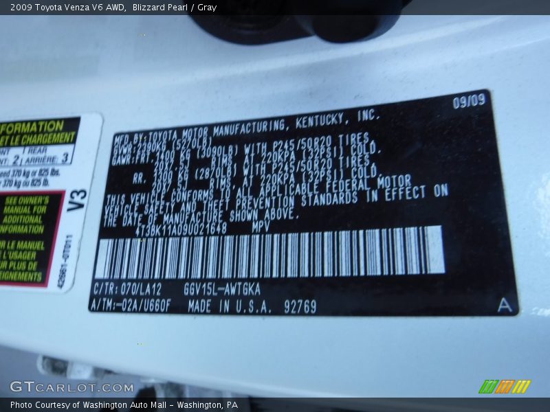 Blizzard Pearl / Gray 2009 Toyota Venza V6 AWD