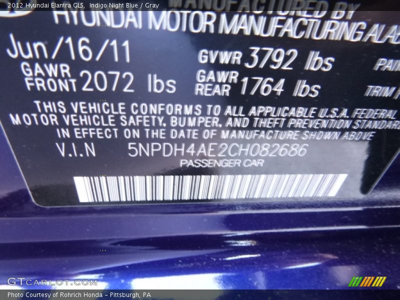 Indigo Night Blue / Gray 2012 Hyundai Elantra GLS