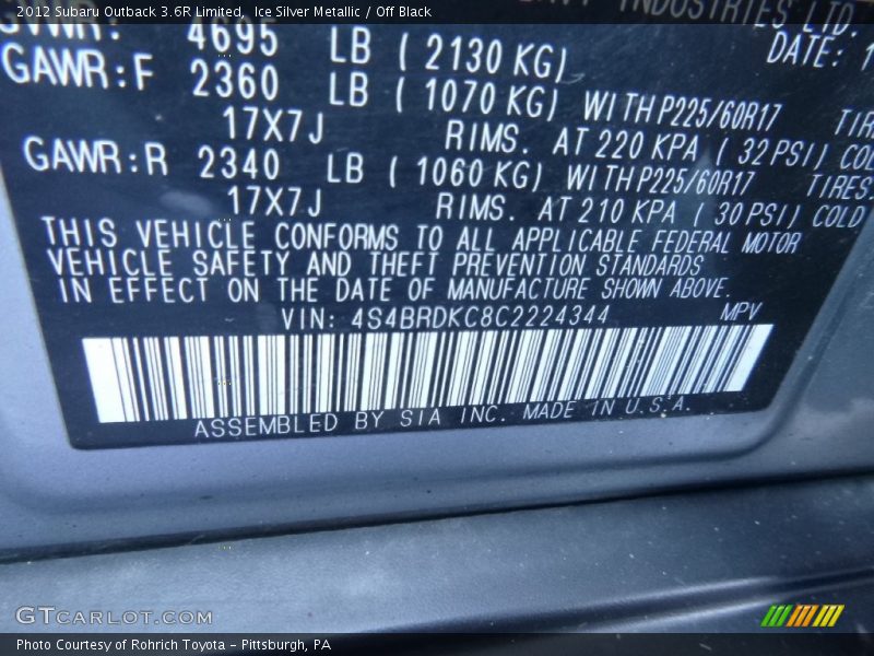 Ice Silver Metallic / Off Black 2012 Subaru Outback 3.6R Limited