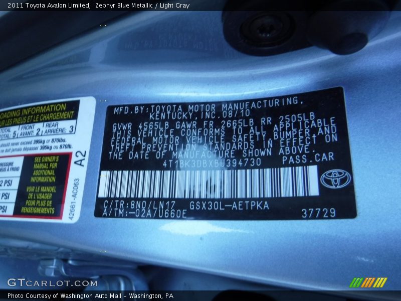 Zephyr Blue Metallic / Light Gray 2011 Toyota Avalon Limited