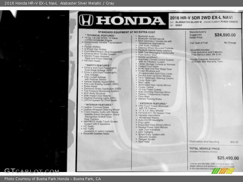 Alabaster Silver Metallic / Gray 2016 Honda HR-V EX-L Navi