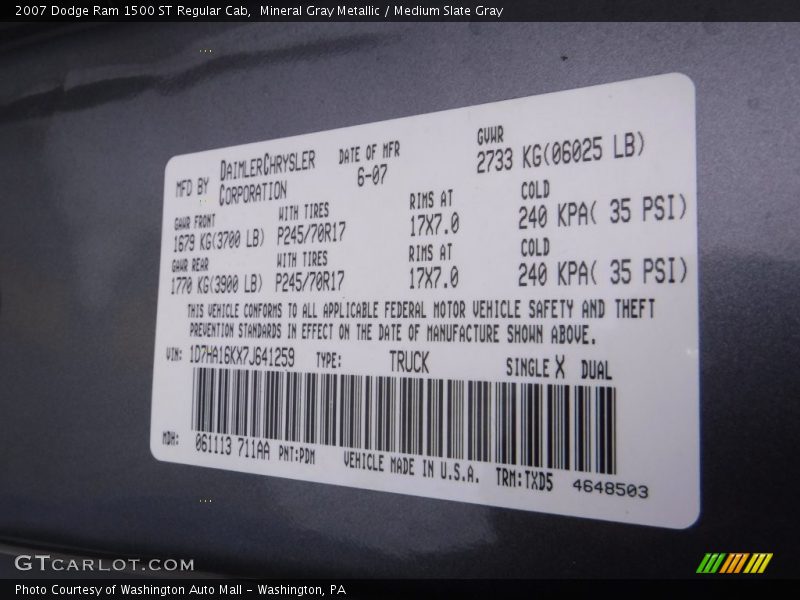 Mineral Gray Metallic / Medium Slate Gray 2007 Dodge Ram 1500 ST Regular Cab