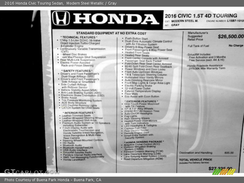 Modern Steel Metallic / Gray 2016 Honda Civic Touring Sedan