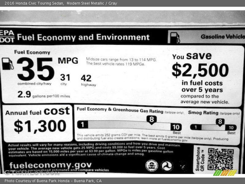 Modern Steel Metallic / Gray 2016 Honda Civic Touring Sedan