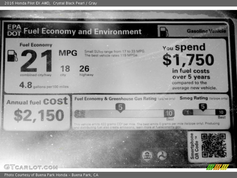 Crystal Black Pearl / Gray 2016 Honda Pilot EX AWD