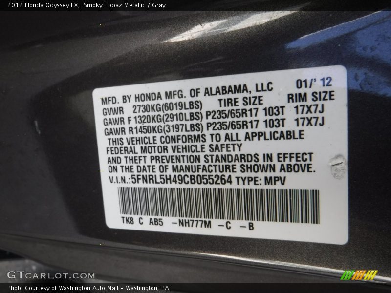 Smoky Topaz Metallic / Gray 2012 Honda Odyssey EX