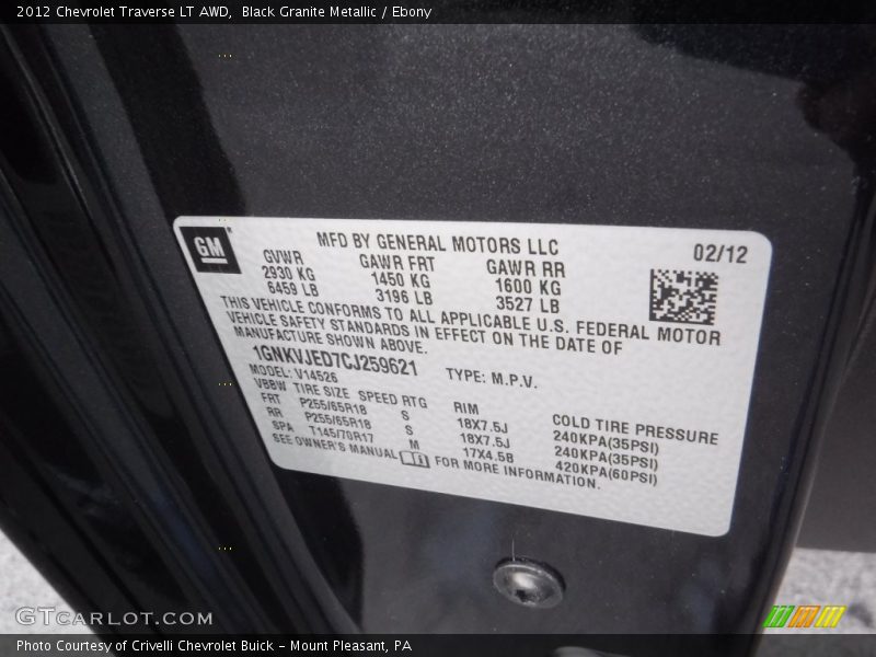 Black Granite Metallic / Ebony 2012 Chevrolet Traverse LT AWD