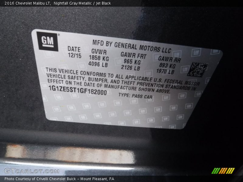 Nightfall Gray Metallic / Jet Black 2016 Chevrolet Malibu LT