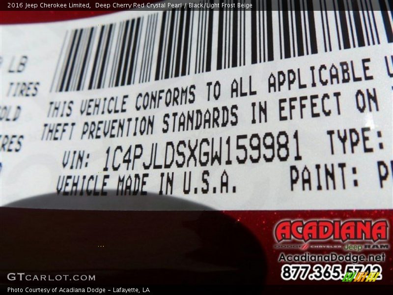 Deep Cherry Red Crystal Pearl / Black/Light Frost Beige 2016 Jeep Cherokee Limited