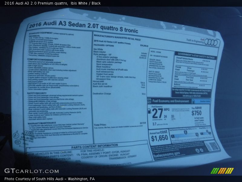 Ibis White / Black 2016 Audi A3 2.0 Premium quattro