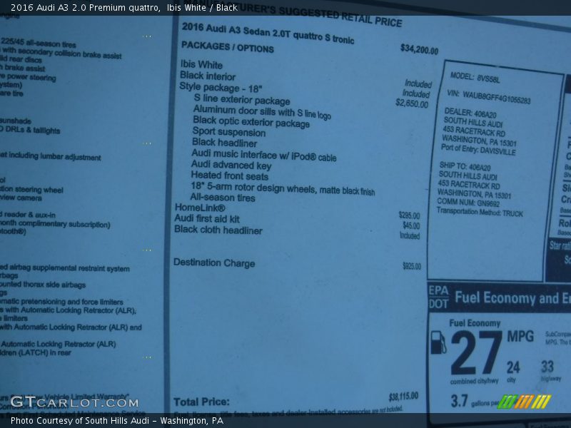 Ibis White / Black 2016 Audi A3 2.0 Premium quattro