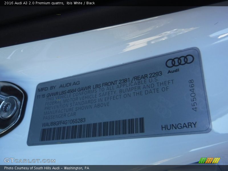 Ibis White / Black 2016 Audi A3 2.0 Premium quattro