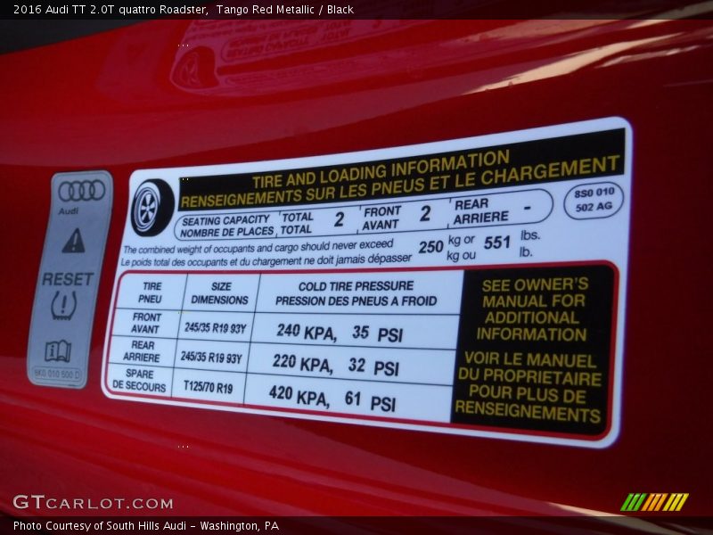 Info Tag of 2016 TT 2.0T quattro Roadster